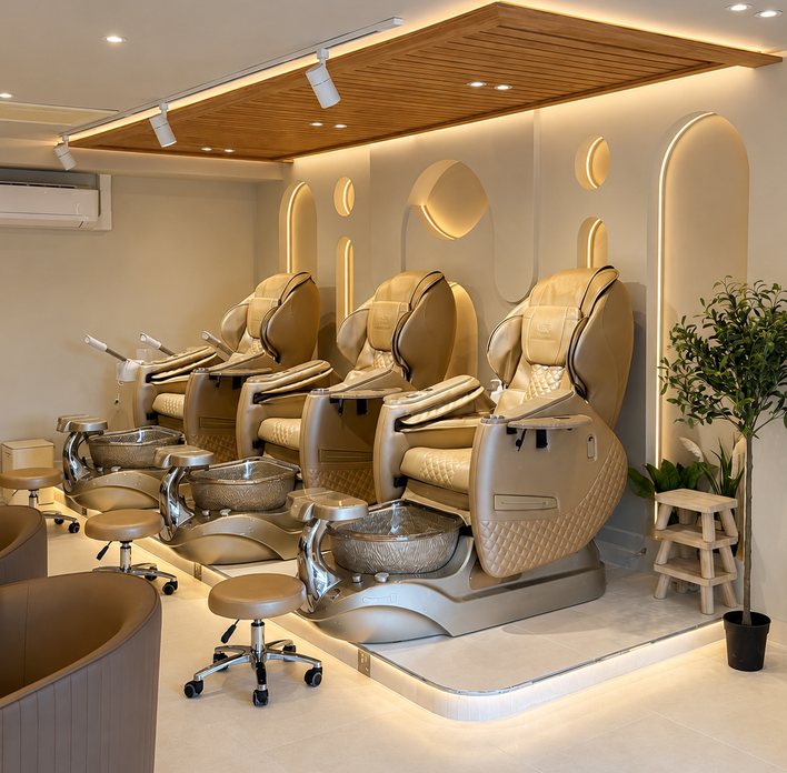 Spa pedicure chairs on a lit plinth under a timber slat ceiling, beside a potted olive tree